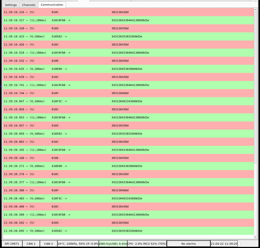 OBD communication preview in dynamometer software