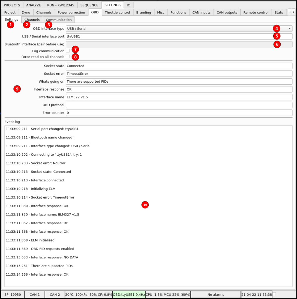 Dynamometer OBD interface setup