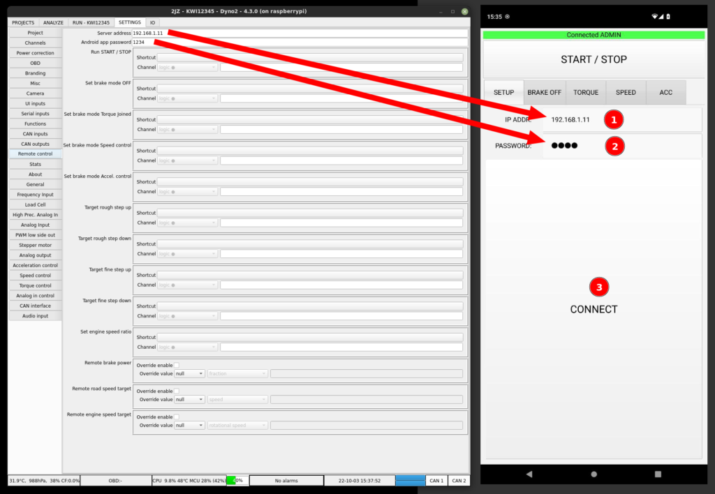 Remote control Android app setup for dynamometer control